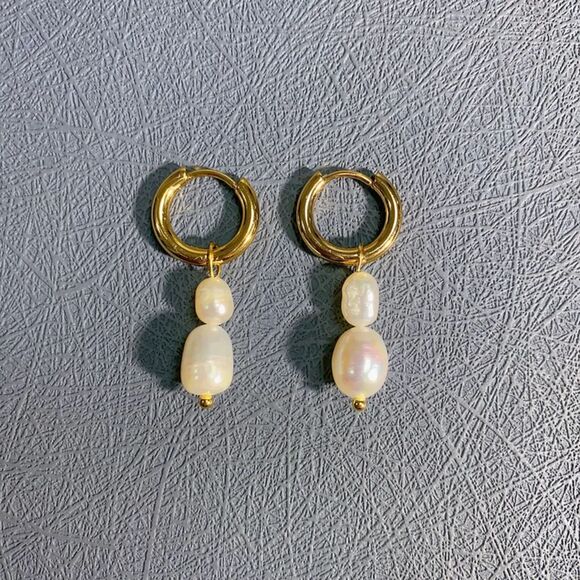 Double Pearl Freshwater 18K Gold Plated Pearl Hoop Huggie Drop Dangle Earrings - Picture 3 of 3